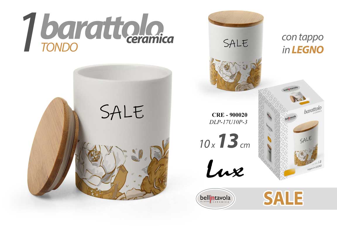 8025569900020 Barattolo sale tondo cucina moderno bianco fiori oro ceramica legno ermetico - immagine 1