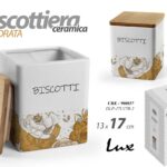 Biscottiera moderna quadrata barattolo biscotti fiori bianco oro ceramica legno