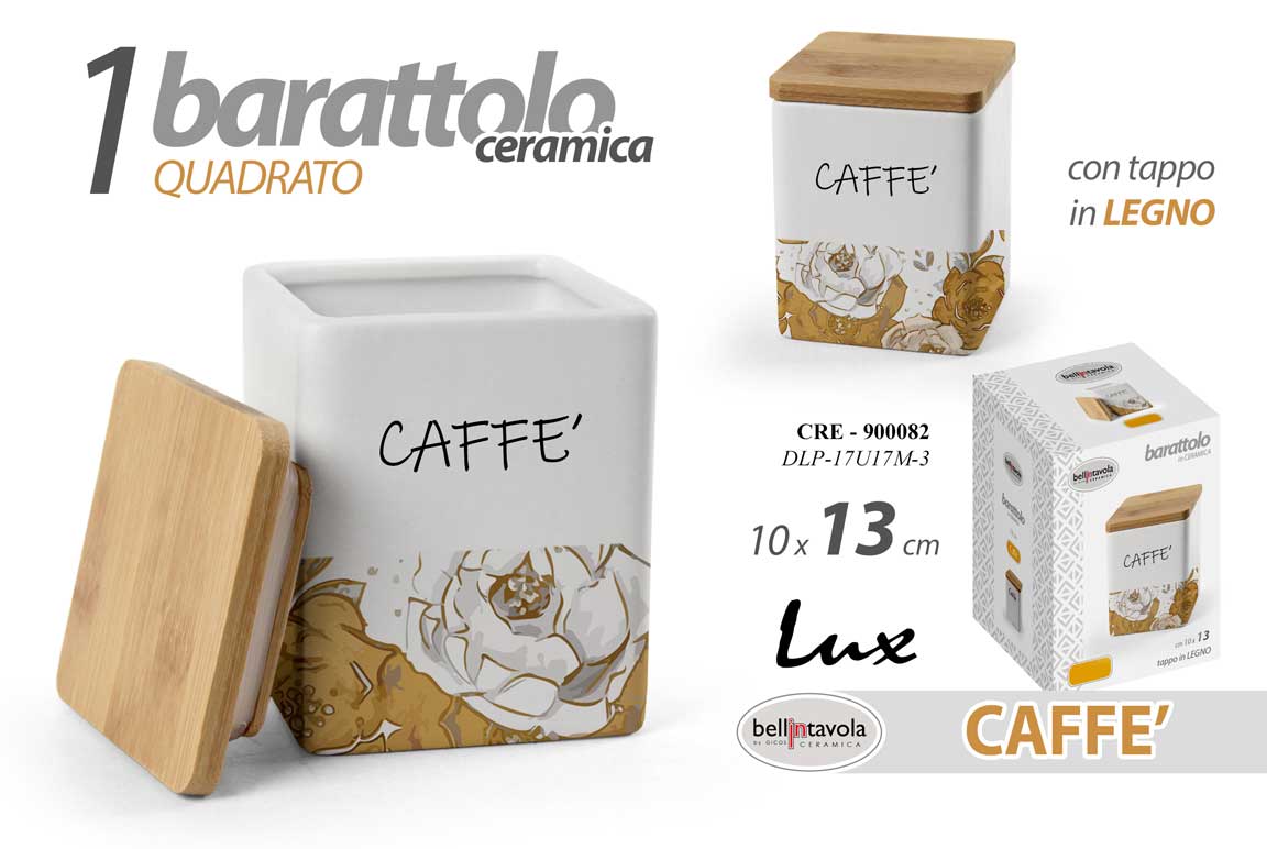 8025569900082 Barattolo caffè quadrato cucina moderno oro fianco ceramica legno ermetico 13 cm - immagine 1