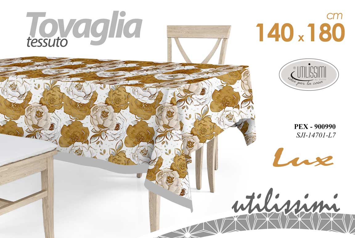 8025569900990 Tovaglia rettangolare pranzo cucina moderna fiori oro bianco tessuto 180x140 cm - immagine 1