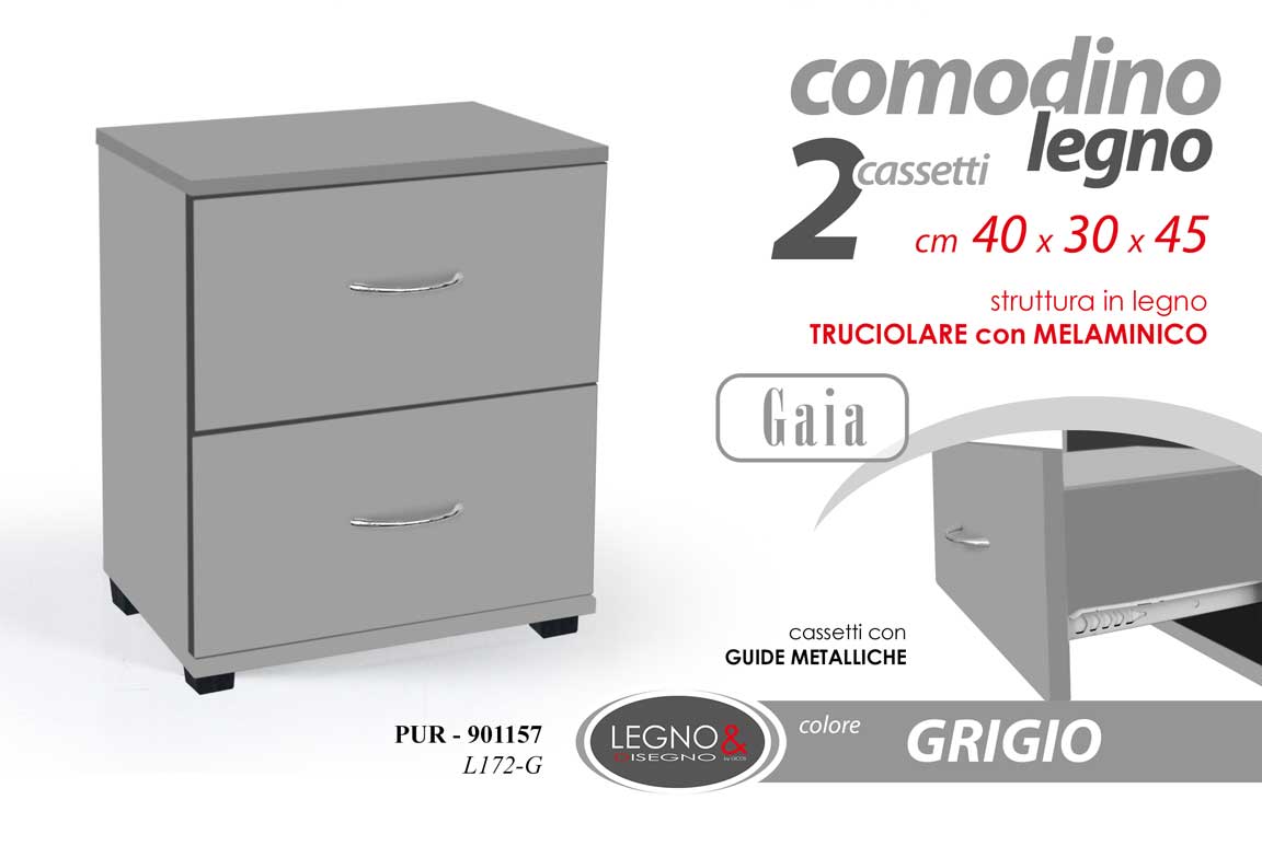 8025569901157 COMODINO 2 CASSETTI MODERNO CAMERA DA LETTO RINFORZATO LEGNO GRIGIO H45*L40*P30 - immagine 1