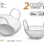 SET 2 CESTINI TONDI METALLO BIANCO PORTA FRUTTA CUCINA SALOTTO MODERNO 30-26 CM
