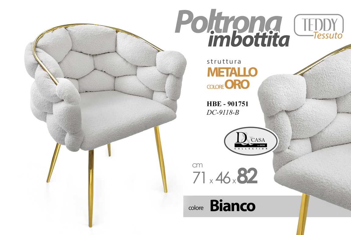 8025569901751 POLTRONA BIANCA SEDIA TEDDY IMBOT COMODA GAMBE ORO MODERNO CLASSICA 82*71*46 cm - immagine 1