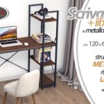 TAVOLO SCRIVANIA LIBRERIA SCAFFALE METALLO NERO RIPIANI ROVERE LEGNO 120*60*120