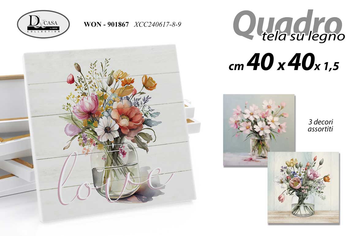8025569901867 QUADRO STAMPA SU TELA Canvas LEGNO FIORI FIORE VASI REAL ASSORTITI 40*40 cm - immagine 1