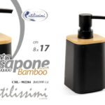 DOSATORE PORTA SAPONE LIQUIDO Dispenser NERO LEGNO BAMBOO BOTTIGLIA FLACONE 17*8
