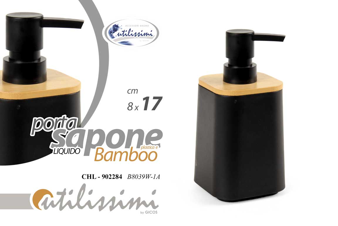 8025569902284 DOSATORE PORTA SAPONE LIQUIDO Dispenser NERO LEGNO BAMBOO BOTTIGLIA FLACONE 17*8 - immagine 1