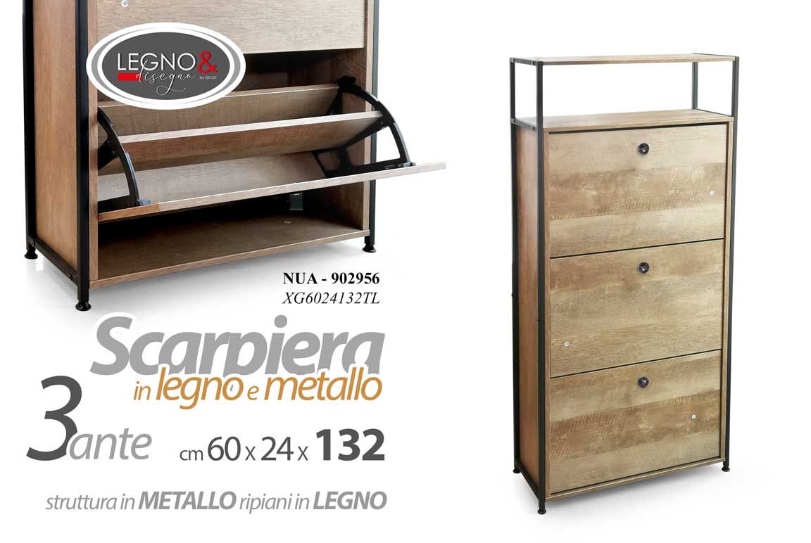8025569902956 MOBILE SCARPIERA STRUTTURA METALLO NER ANTE LEGNO A RIBALTA MARRONE 132*60*24 cm - immagine 1