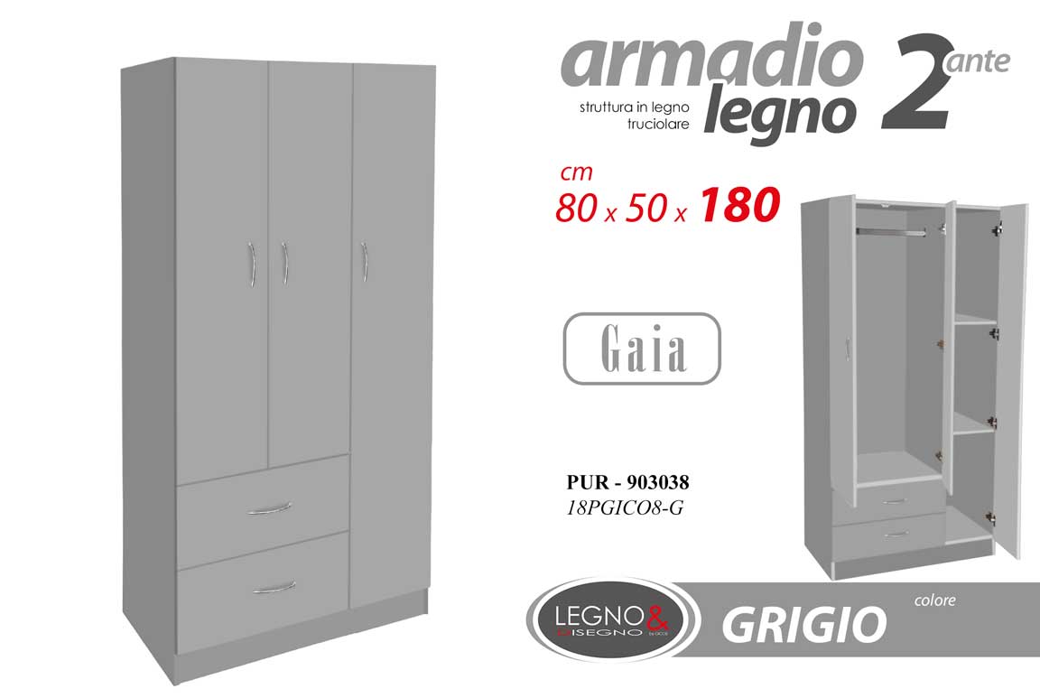 8025569903038 ARMADIO MAXI 3 ANTE 2 CASSETTI GUARDAROBA MODERNO LEGNO GRIGIO 180*90*42 cm - immagine 1