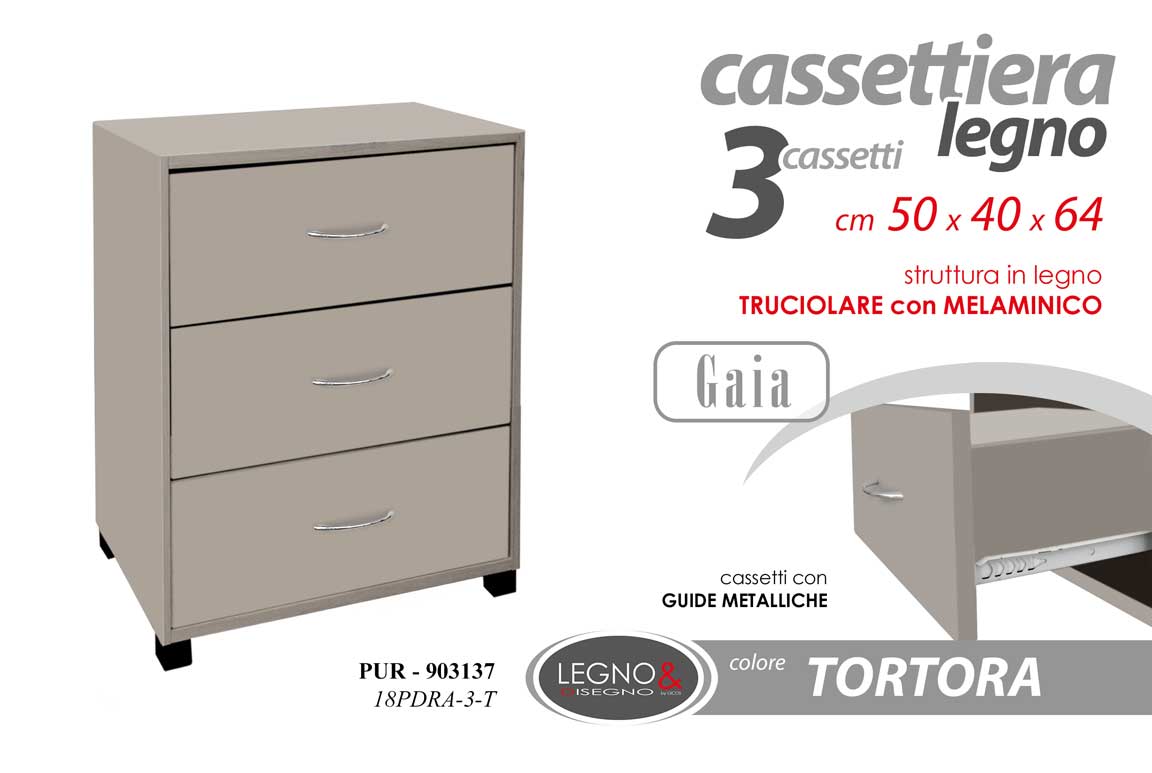 8025569903137 CASSETTIERA COMODINO STUDIO CAMERA DA LETTO UFFICIO 3 CASSETTI TORTORA h64*50*40 - immagine 1