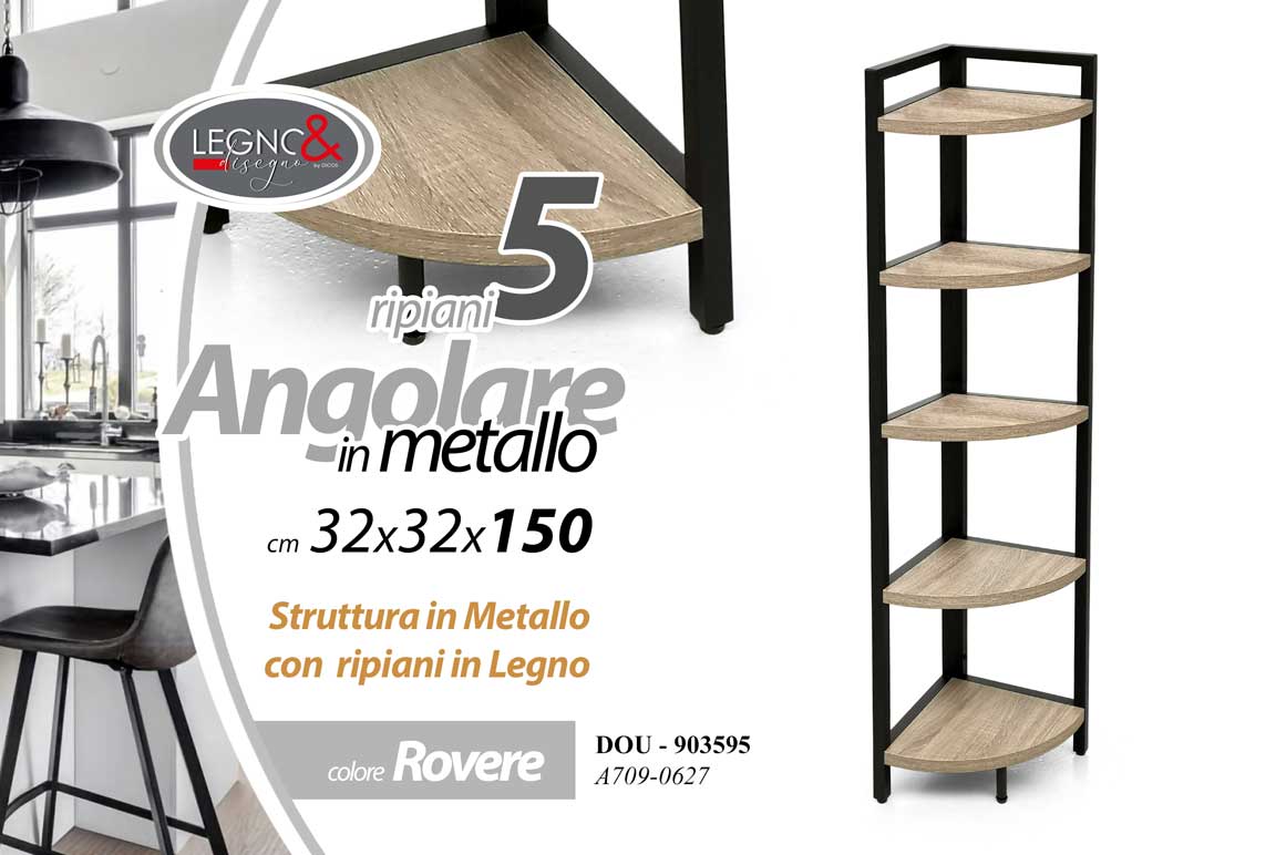 8025569903595 SCAFFALE ANGOLARE LIBRERIA ANGOLO METALLO NERO 5 RIPIANI MENSOLE LEGNO 150*32*32 - immagine 1