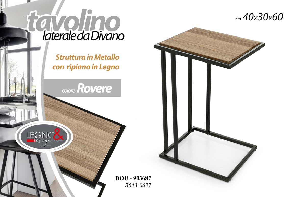 8025569903687 TAVOLO TAVOLINO LATERALE DIVANO IN METALLO NERO RIPIANO LEGNO ROVERE H60*L40*P30 - immagine 1