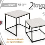 SET 2 TAVOLINI TAVOLINO QUADRATO METALLO NERO RIPIANO BIANCO LEGNO 50-44 cm