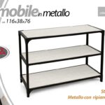 MOBILE SCAFFALE BASSO IN METALLO NERO RIPIANI MENSOLE BIANCO LEGNO L116*P38*H76