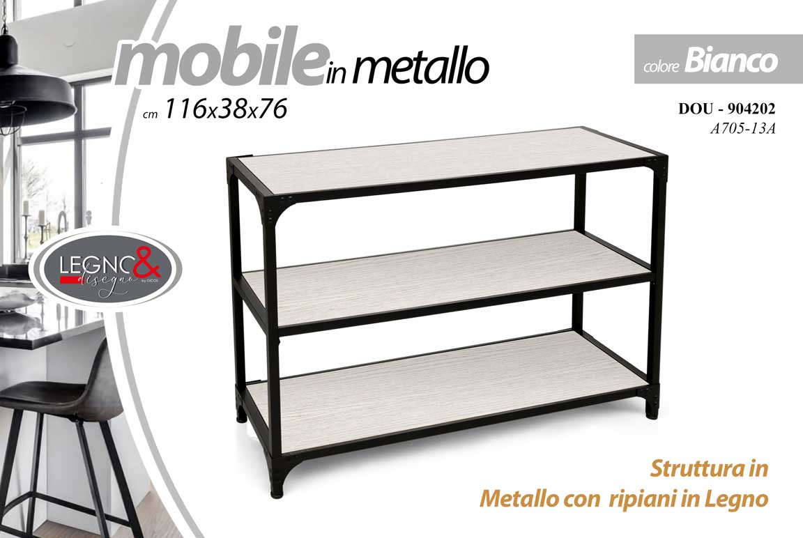 8025569904202 MOBILE SCAFFALE BASSO IN METALLO NERO RIPIANI MENSOLE BIANCO LEGNO L116*P38*H76 - immagine 1