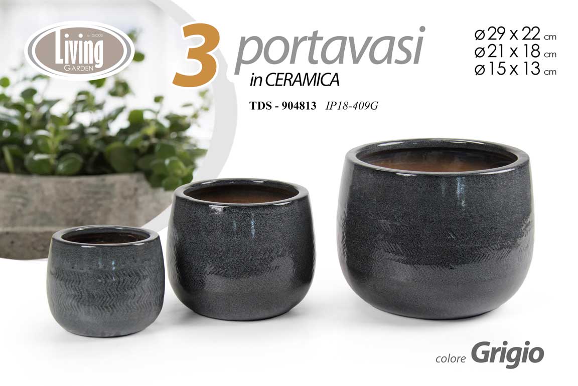 8025569904813 3 VASI CACHEPOT CERAMICA MODERNO CLASSICO VINTAGE VASO GRIGIO LUCIDO 29/21/15cm - immagine 1