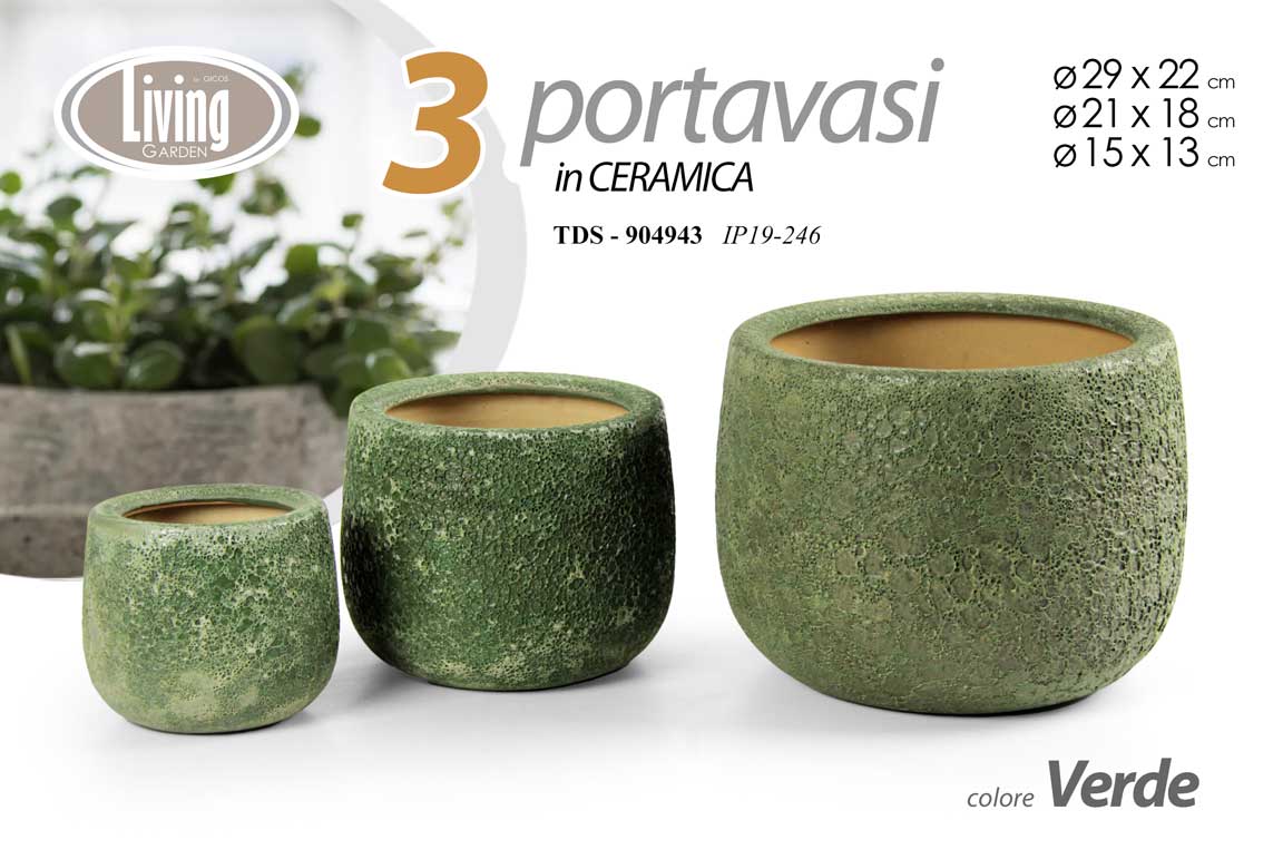 8025569904943 3 VASI CACHEPOT CERAMICA MODERNO RUSTICO VINTAGE VASO VERDE MUSCHIO 29/21/15 cm - immagine 1