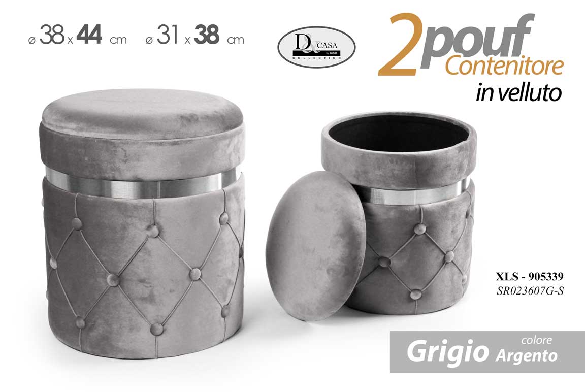 8025569905339 2 POUF CILINDRICO CONTENITORE MODERNO POGGIAPIEDI SGABELLO VELLUTO ARGENTO 44-38 - immagine 1