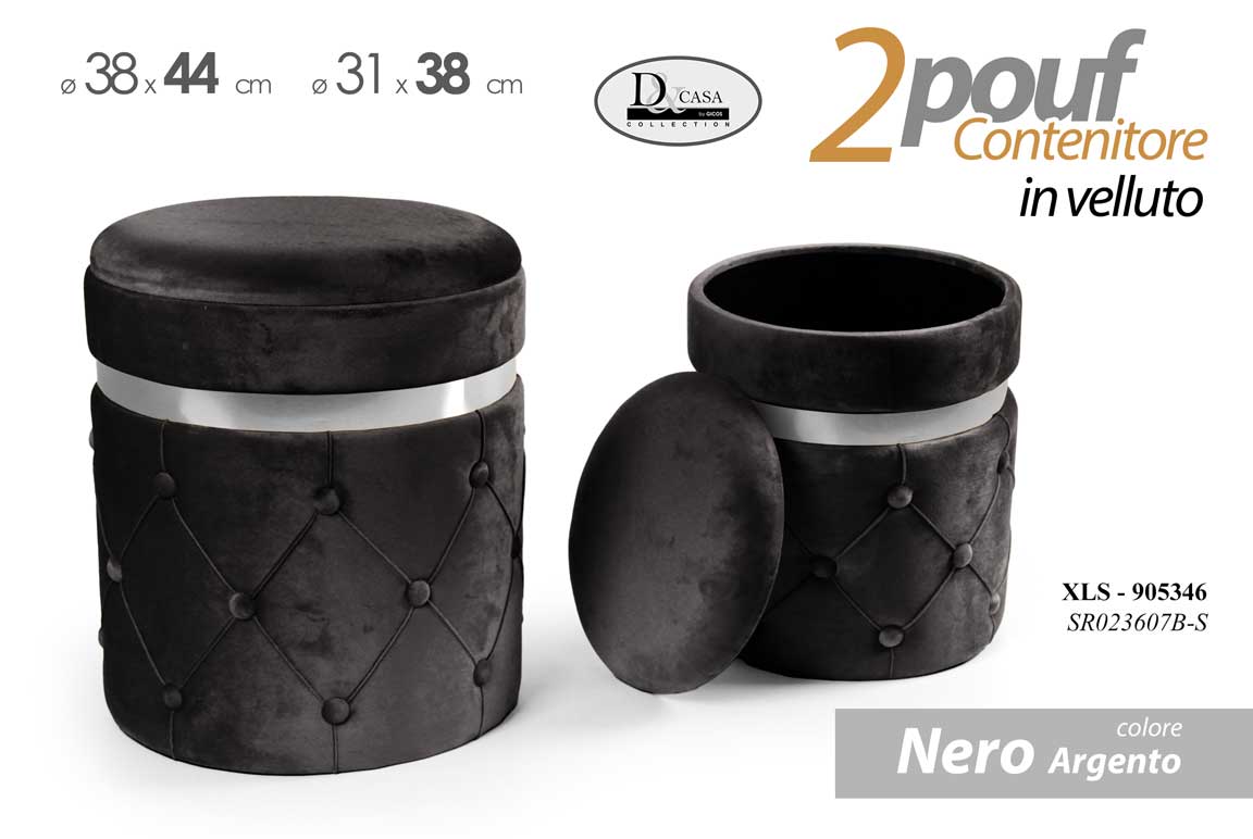 8025569905346 2 POUF CILINDRICO CONTENITORE MODERNO POGGIAPIEDI SGABELLO VELLUTO NERO H44-38 - immagine 1