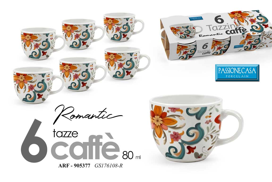 8025569905377 SET 6 TAZZINE CAFFè TAZZE ESPRESSO BIANCO FIORI CLASSICO MODERNO ROMANTIC 80 ML - immagine 1
