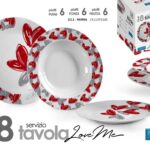 SET SERVIZIO PIATTI TAVOLA 18 PEZZI PORCELLANA DOLCE FONDO PIANO CUORE ROSSO GRI