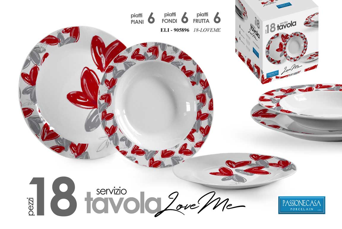 8025569905896 SET SERVIZIO PIATTI TAVOLA 18 PEZZI PORCELLANA DOLCE FONDO PIANO CUORE ROSSO GRI - immagine 1