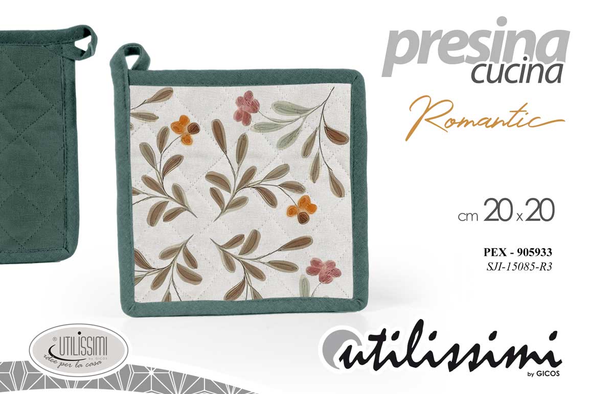 8025569905933 Presina forno quadrata cucina romantico fiori bianco verde imbottita 20*20 cm - immagine 1