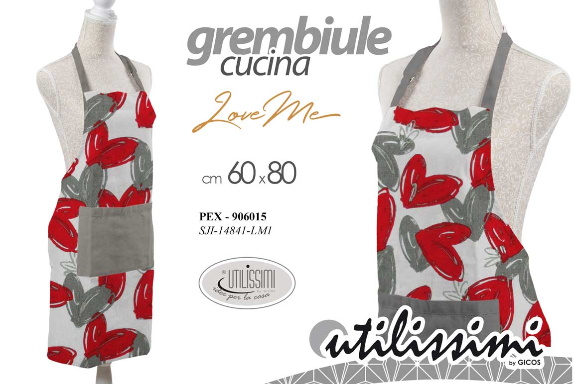 8025569906015 Grembiule pettorina cucina love me cuori bianco rosso grigio tessuto 80x60 cm - immagine 1