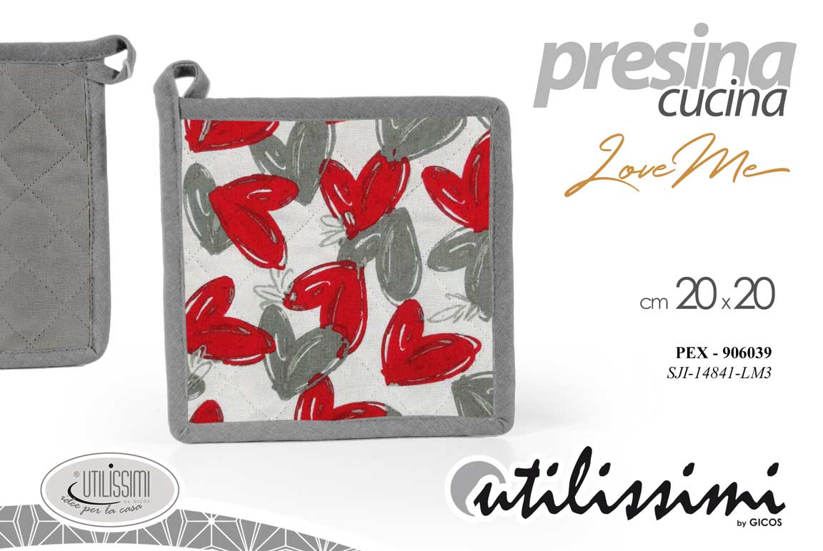 8025569906039 Presina forno quadrata imbottita cucina love me cuori bianco rosso grigio 20*20 - immagine 1
