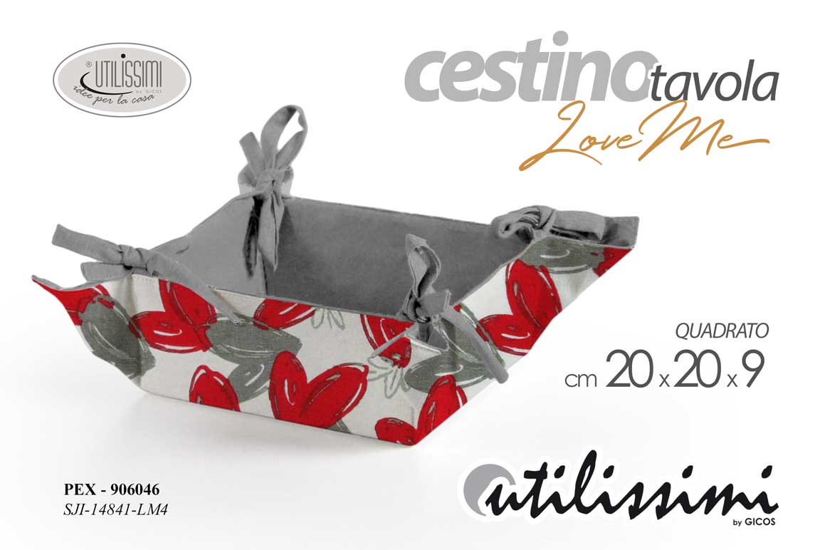 8025569906046 Cestino quadrato pane portapane cesto love me cuori bianco rosso grigio 20*9 cm - immagine 1