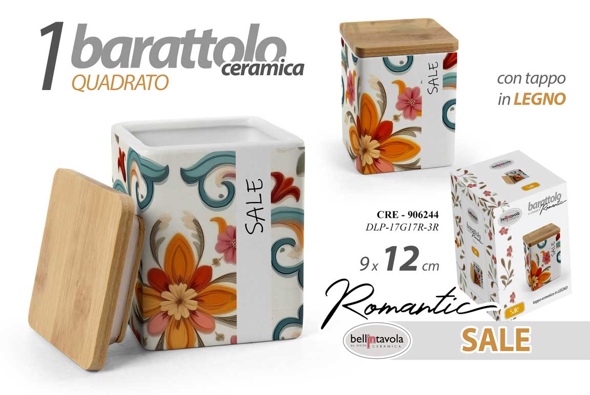 8025569906244 BARATTOLO SALE CERAMICA ERMETICO COPERCHIO LEGNO QUADRATO FIORI ROMANTIC 12*9 cm - immagine 1