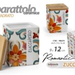 BARATTOLO ZUCCHERO CERAMICA ERMETICO COPERCHIO LEGNO QUADRO FIORI ROMANTIC 12*9