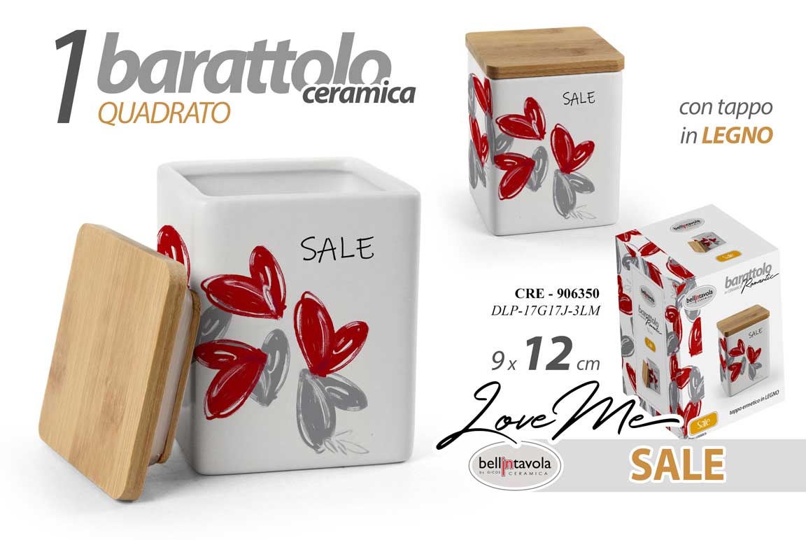8025569906350 BARATTOLO cucina SALE CERAMICA ERMETICO LEGNO QUADRATO LOVE CUORI 12*9 cm - immagine 1