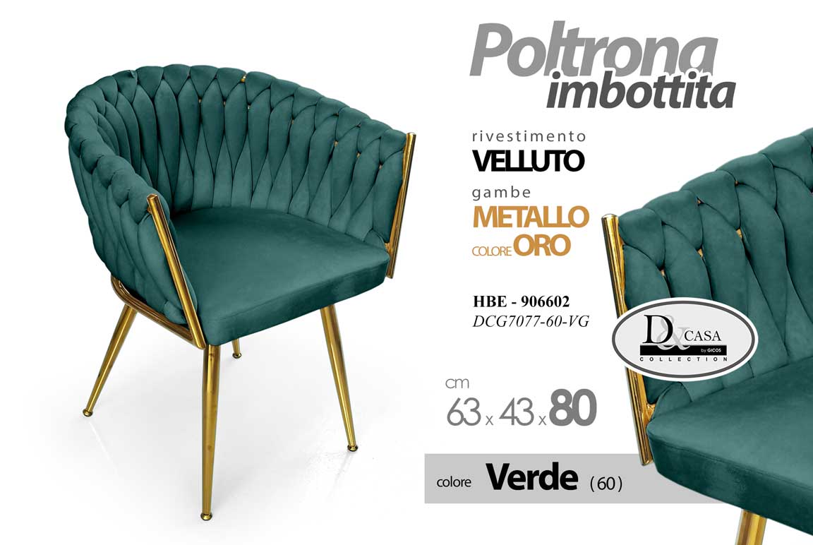 8025569906602 POLTRONA VELLUTO VERDE SEDIA GAMBE METALLO ORO DESIGN CLASSIC MODERNO 80*63*43cm - immagine 1