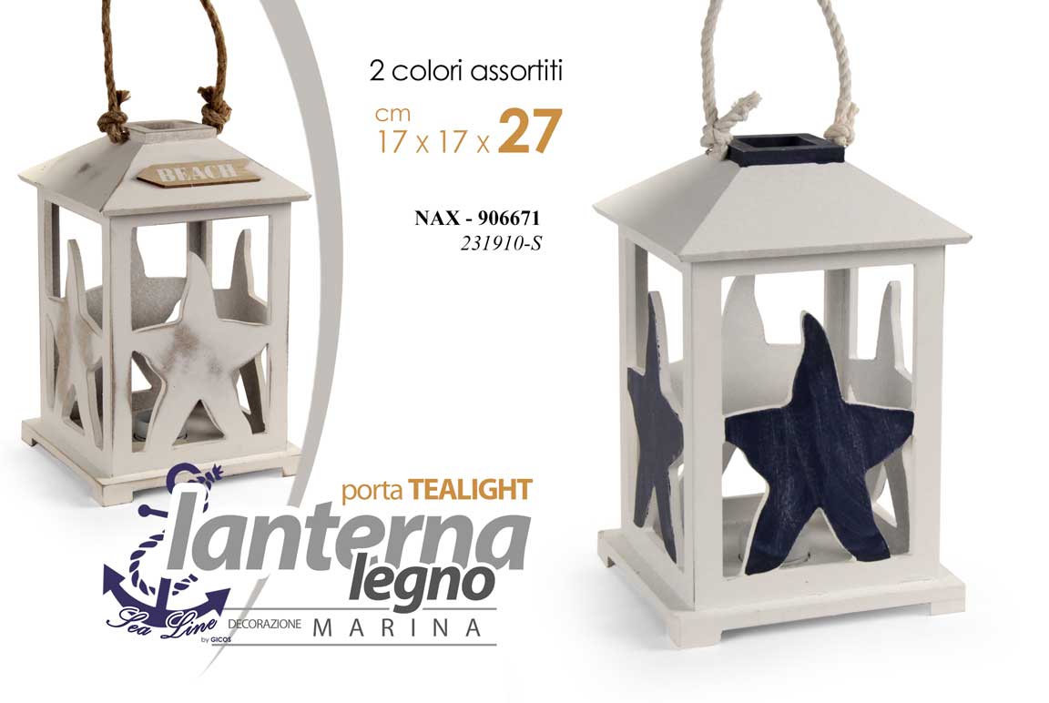 8025569906671 LANTERNA PORTACANDELA LEGNO STELLA MARINA TEA LIGHT BIANCO BLU ANTIC ASSOR 27*17 - immagine 1