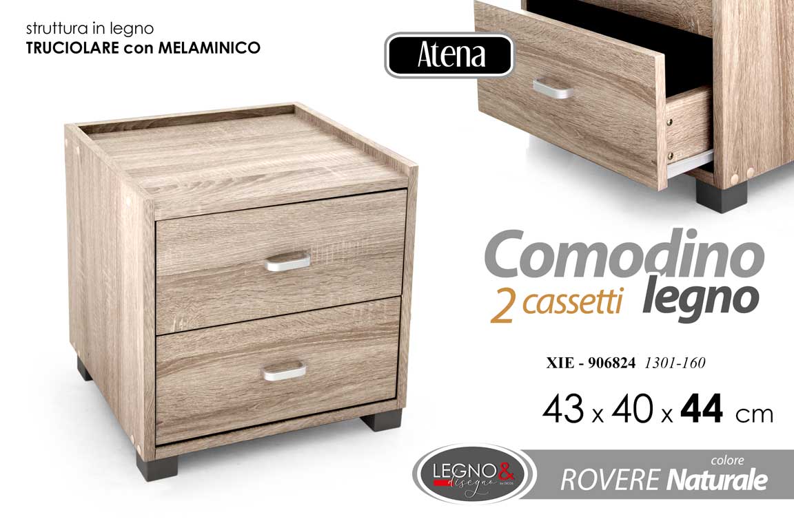 8025569906824 COMODINO MODERNO LEGNO 2 CASSETTI SALVASPAZIO ROVERE Melaminico H44*L43*P40 CM - immagine 1