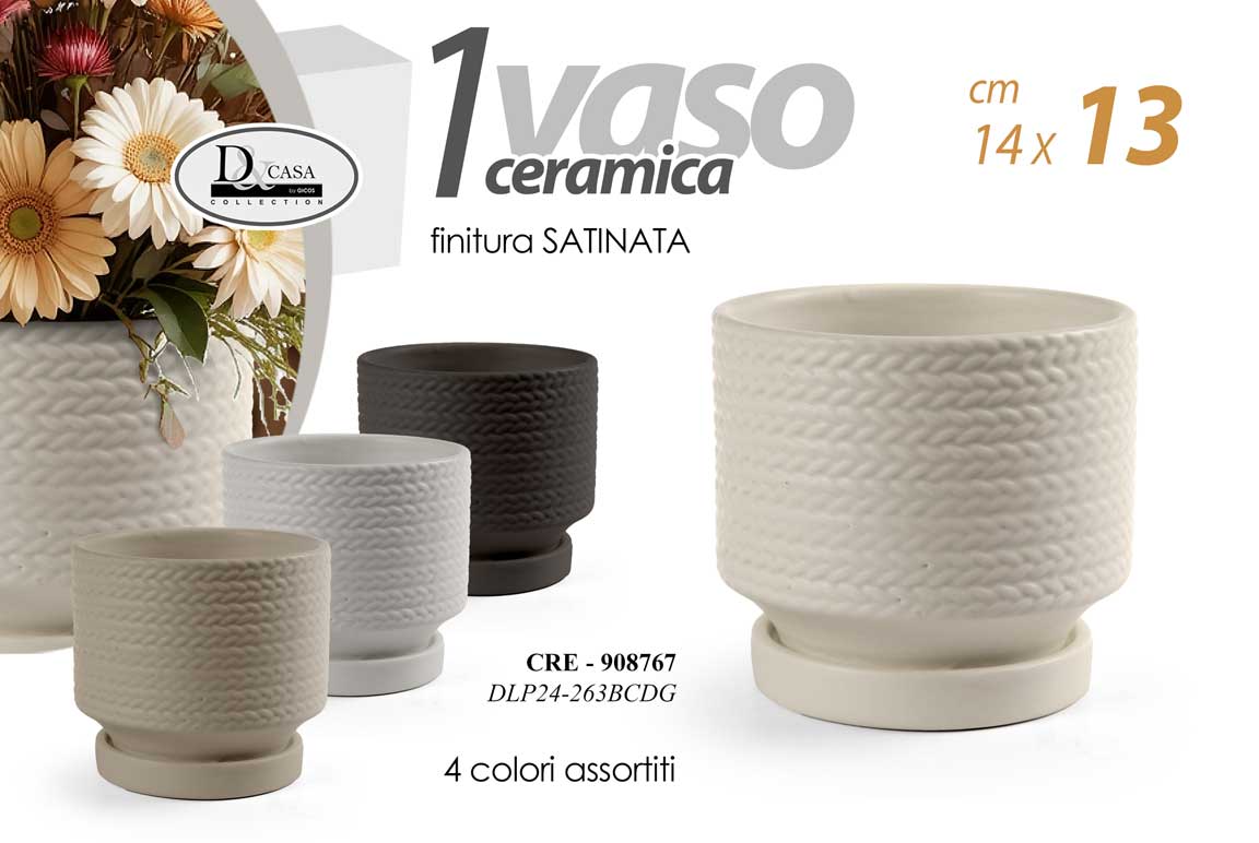 8025569908767 VASO PIANTE FIORI CERAMICA SATINATO CLASSICO MODERNO DESIGN INTRECCIO ASS 13 cm - immagine 1