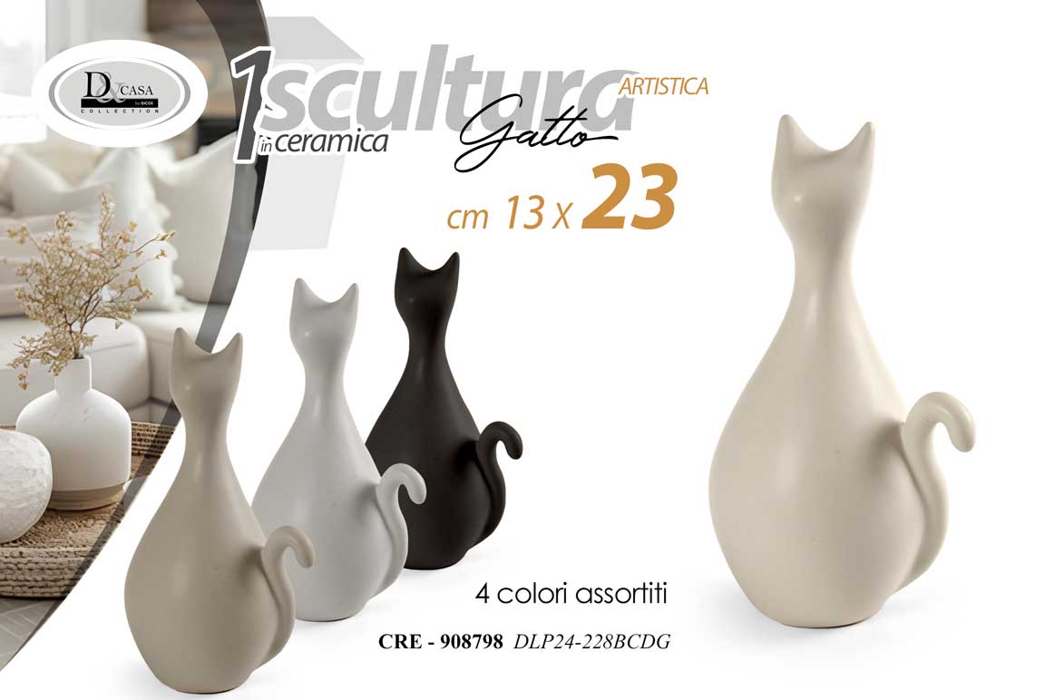 8025569908798 GATTO ARTISTICO SOPRAMMOBILE BOMBONIERA SCULTURA CERAMICA MODERNO COLOR AS 23cm - immagine 1