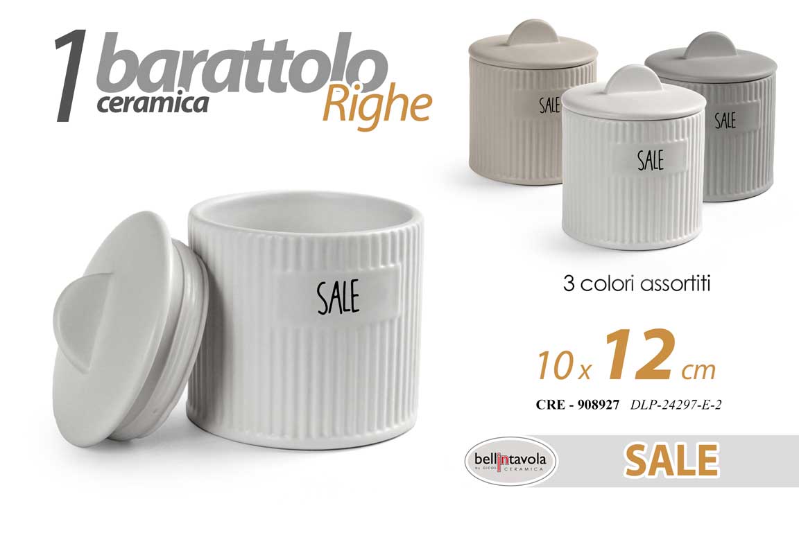 8025569908927 BARATTOLO SALE CUCINA CERAMICA BIANCO GRIGIO BEIGE MODERNO RIGHE CRE 12*10cm - immagine 1