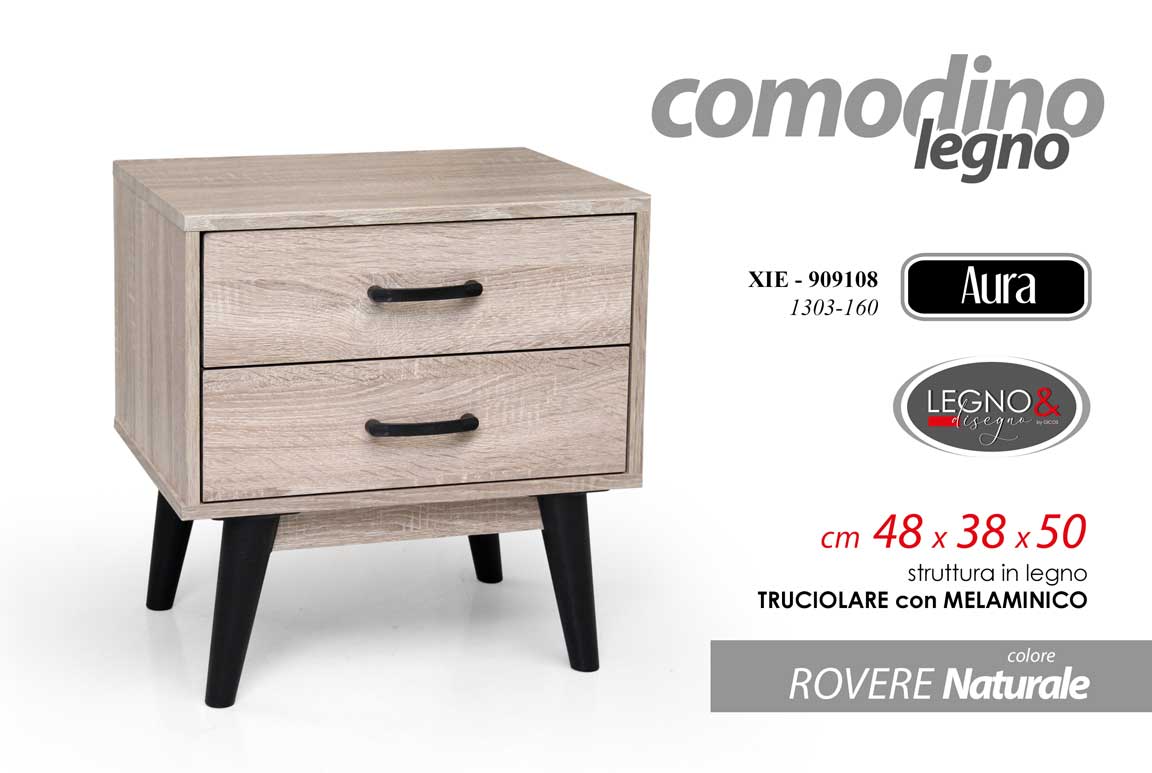 8025569909108 COMODINO MODERNO 2 CASSETTI SALVASPAZIO PIEDI LEGNO ROVERE NATURALE 50*48*38 cm - immagine 1