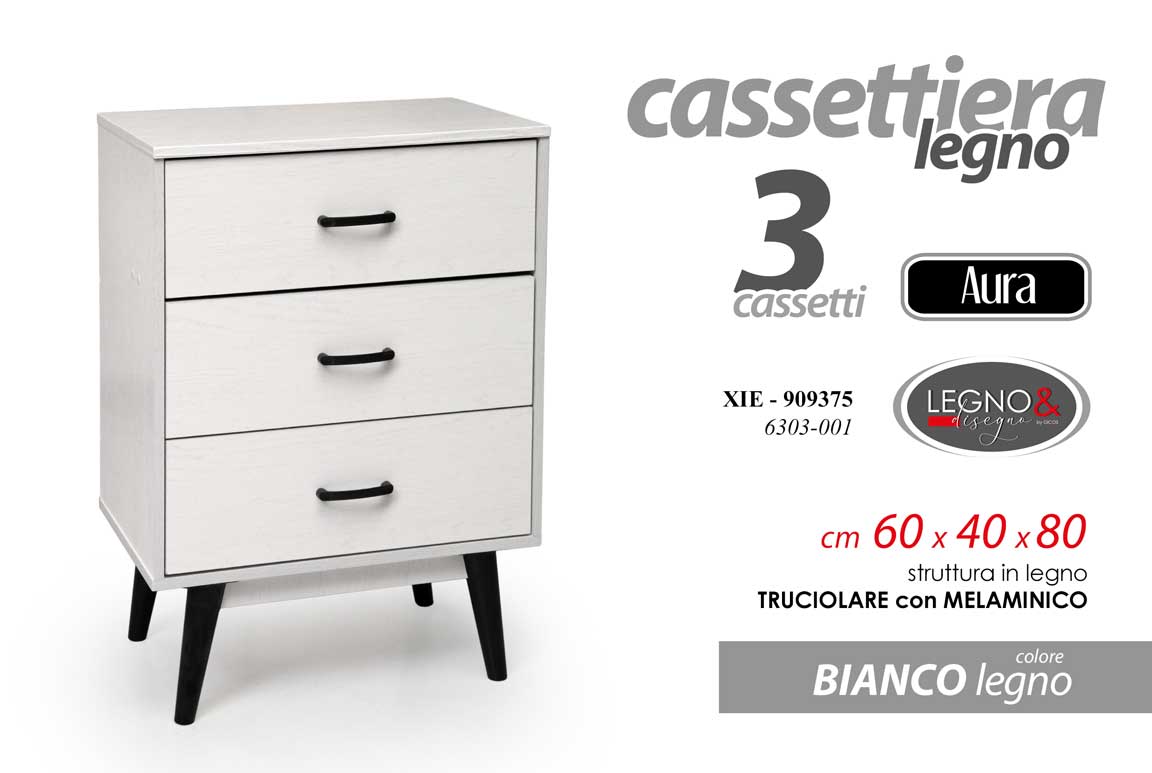 8025569909375 CASSETTIERA 3 CASSETTI COMODINO SETTIMINO MODERNO NERO BIANCO LEGNO 80*60*40 cm - immagine 1