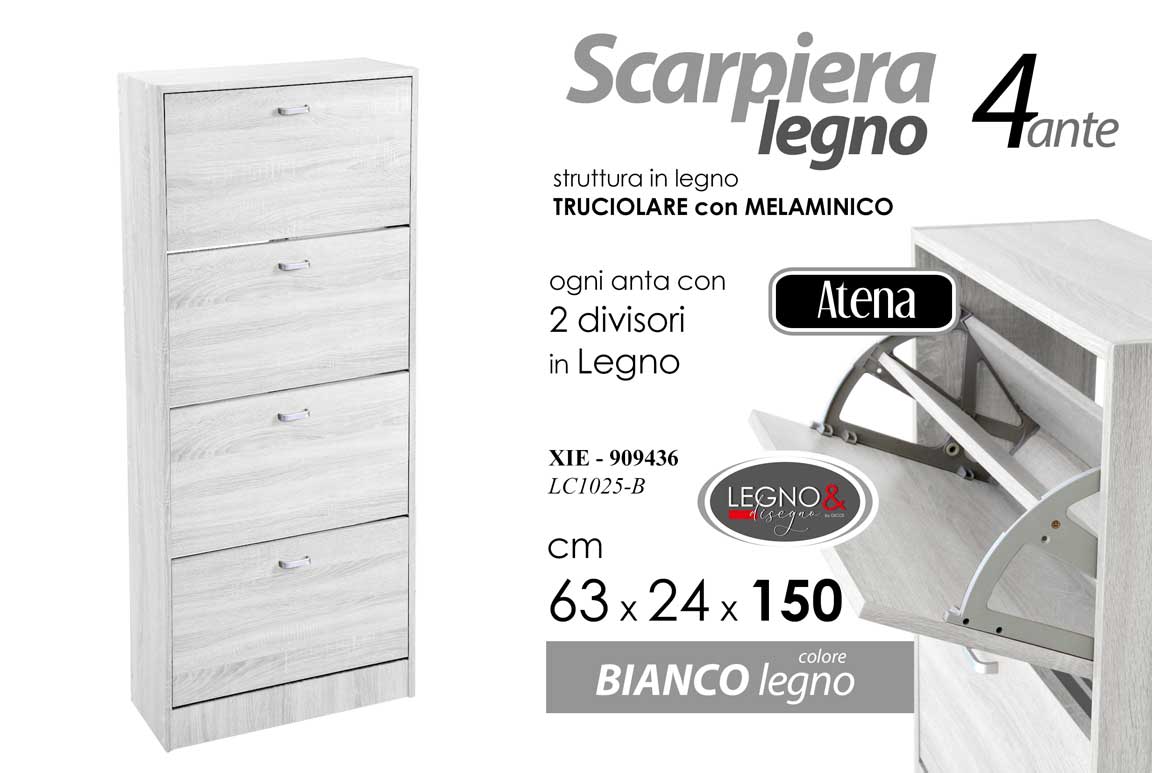 8025569909436 SCARPIERA SALVASPAZIO MODERNA 4 ANTE DOPPIE SLIM BIANCO LEGNO ROVERE 150*63*24cm - immagine 1