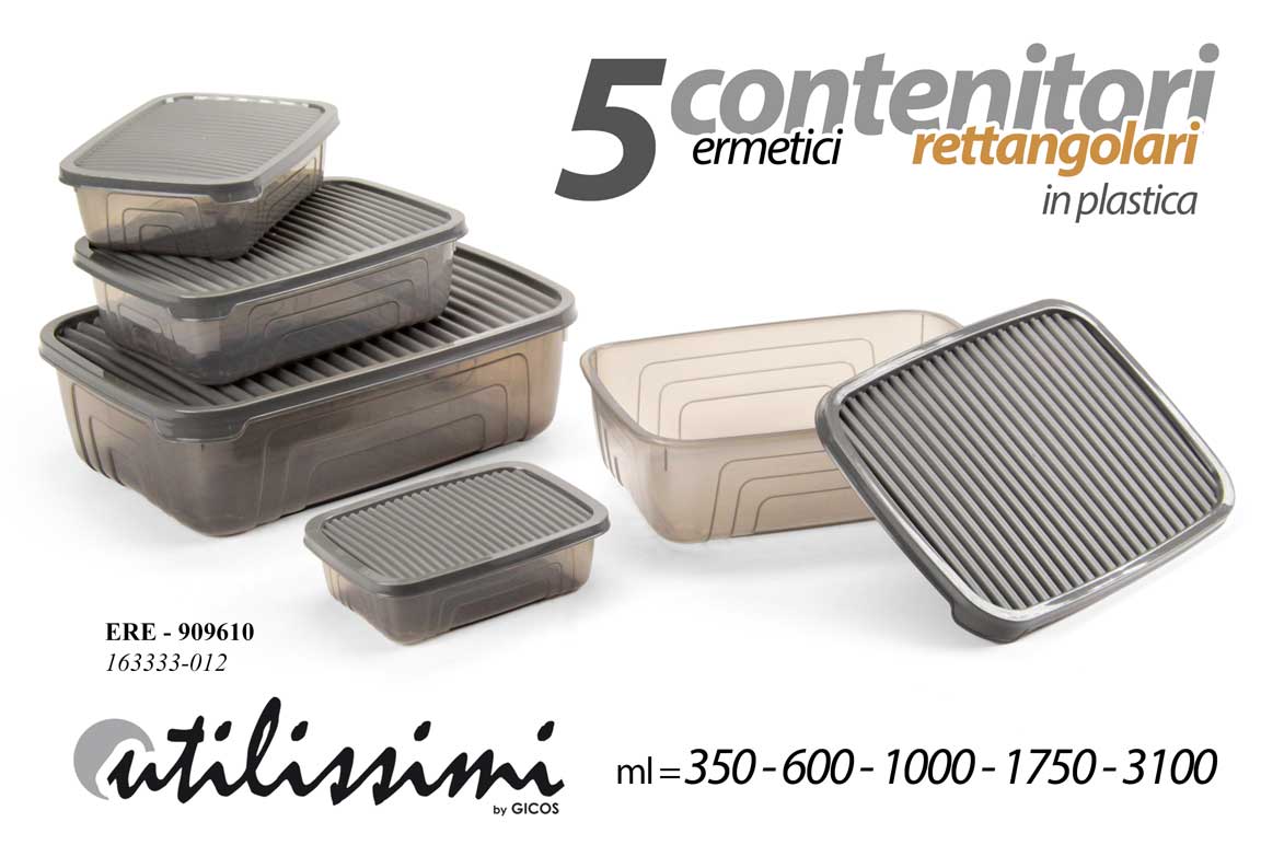 8025569909610 Set 5 contenitori ermetici rettangolari plastica cucina dispensa grigio moderno - immagine 1