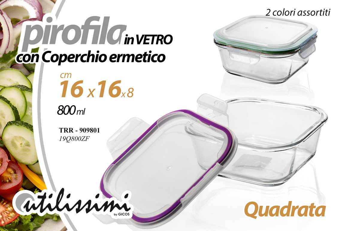 8025569909801 Pirofila forno frigo vetro coperchio ermetico porta pranzo quadrata ass 16*8 cm - immagine 1