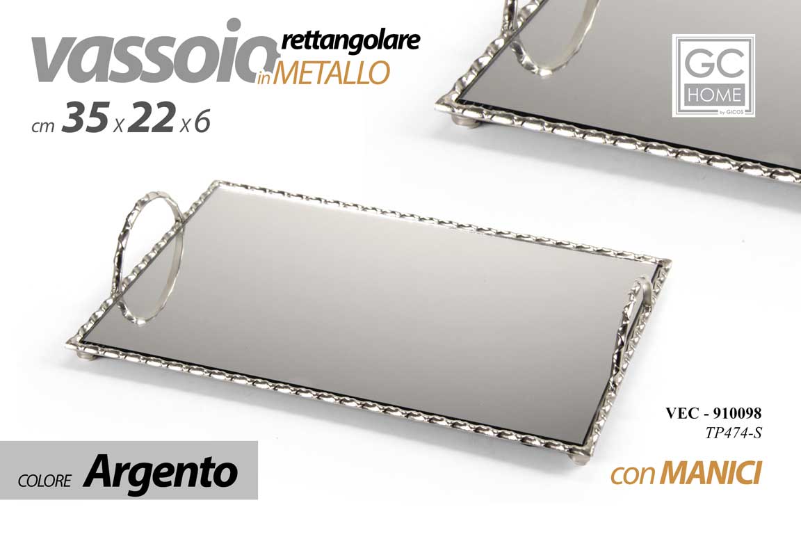 8025569910098 VASSOIO METALLO RETTANGOLARE MANICI FONDO SPECCHIO COLOR ARGENTO SILVER 35*22*6 - immagine 1