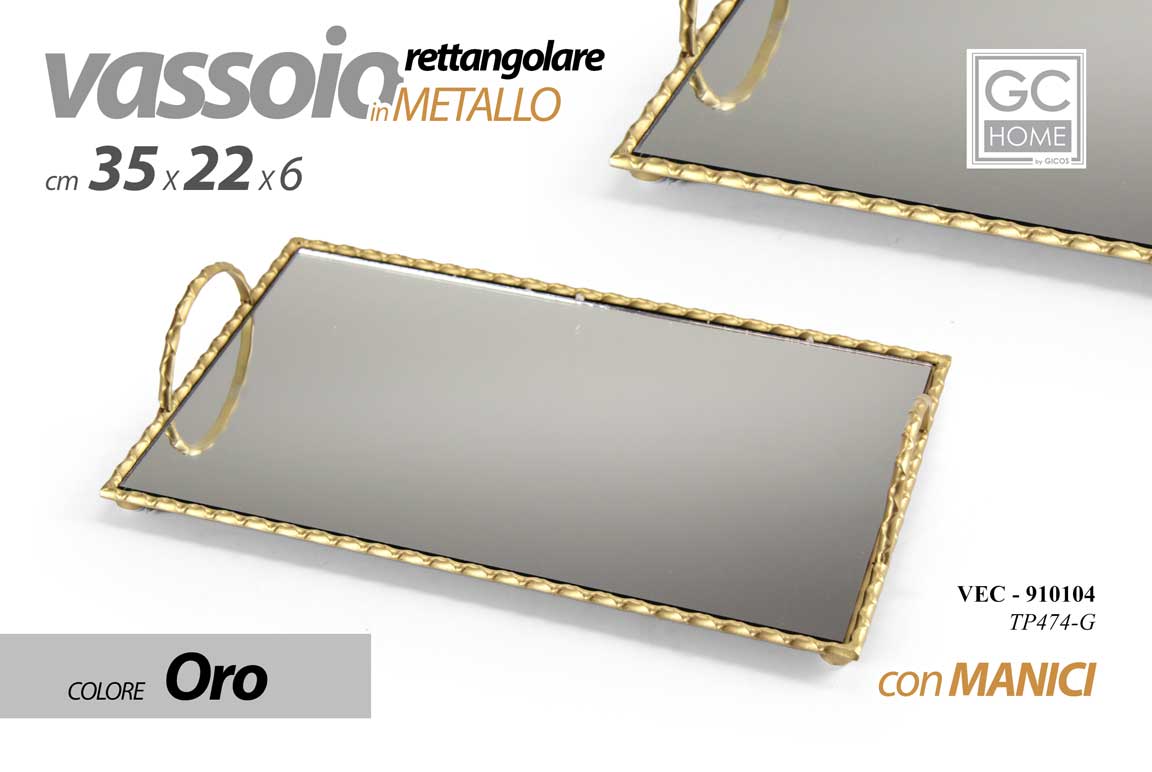8025569910104 VASSOIO METALLO RETTANGOLARE TAVOLO SCRIVANIA SPECCHIO MANICI COLOR ORO 35*22*6 - immagine 1