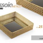 VASSOIO METALLO QUADRATO TRAFORATO TAVOLO SCRIVANIA FONDO SPECCHIO COL ORO 25*5