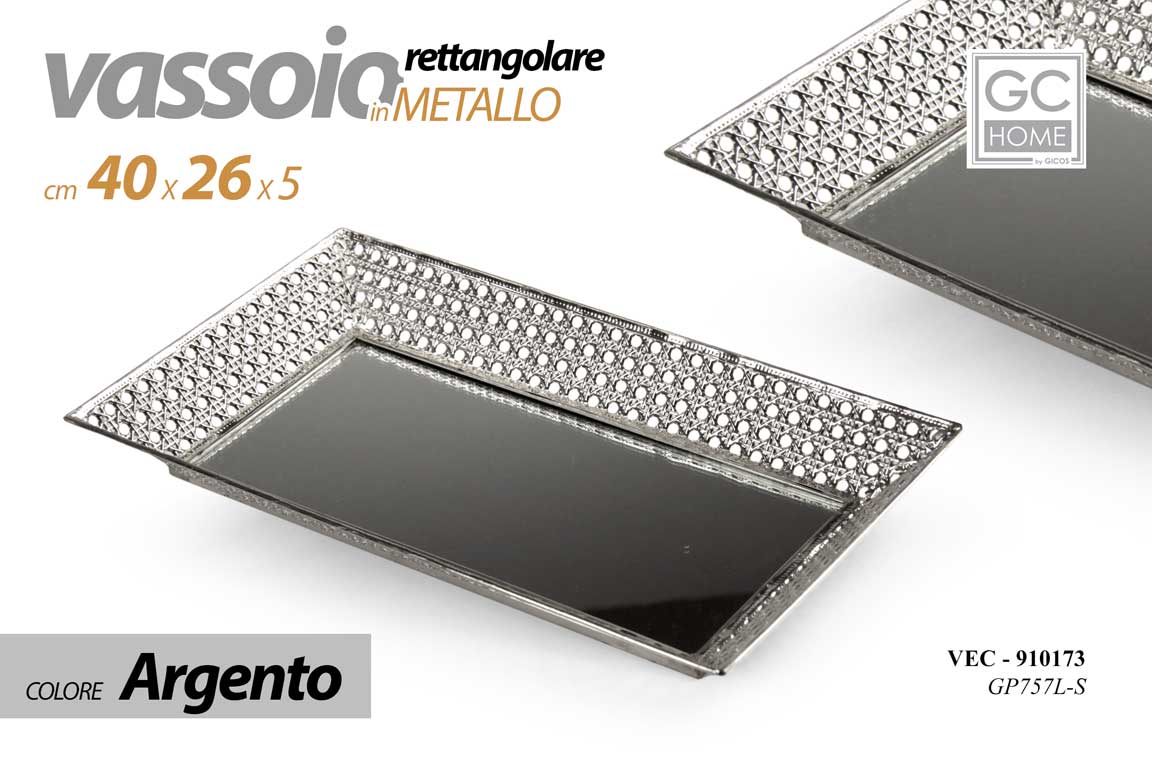 8025569910173 VASSOIO METALLO RETTANGOLARE DECOR FONDO SPECCHIO COLOR ARGENTO SILVER 40*26*5cm - immagine 1