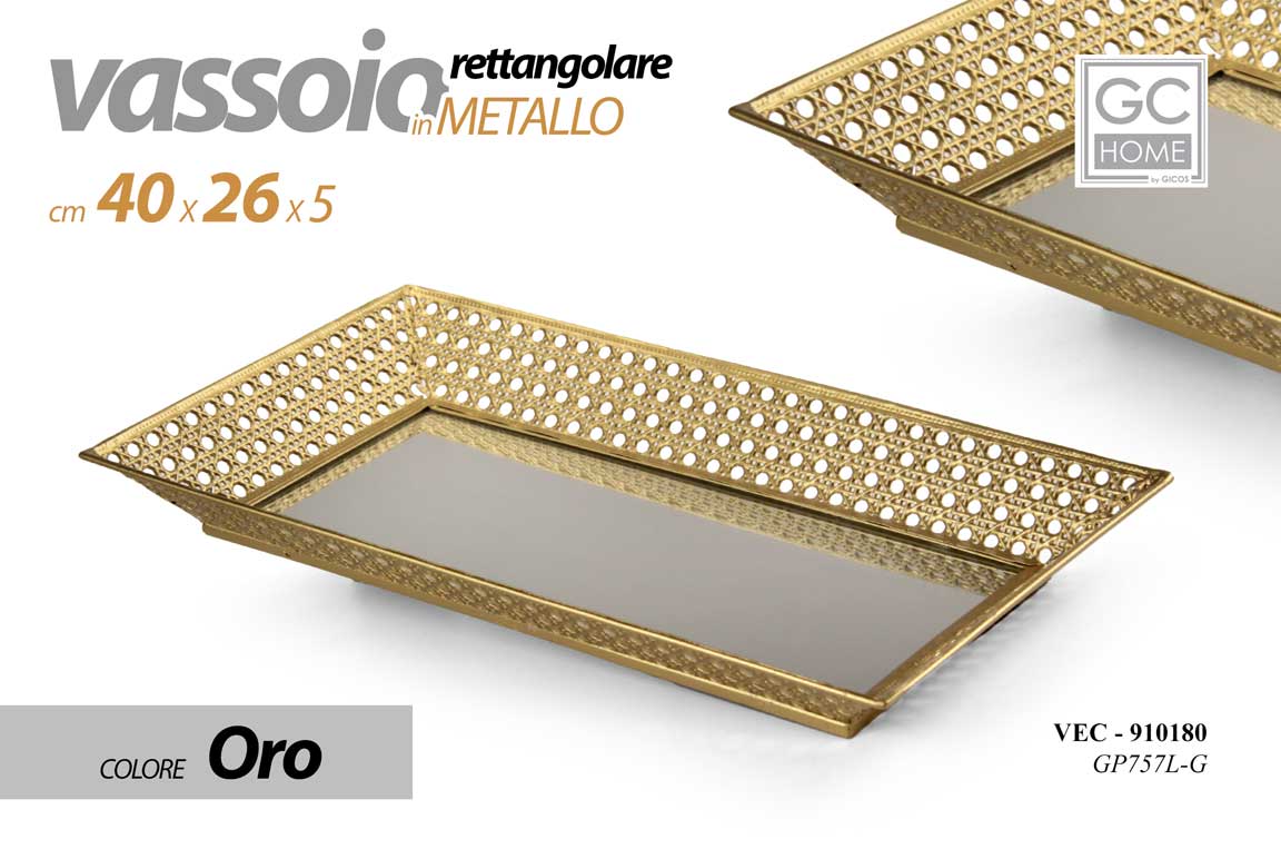 8025569910180 VASSOIO METALLO RETTANGOLARE TAVOLO SCRIVANIA FONDO SPECCHIO COLOR ORO 40*26*5cm - immagine 1