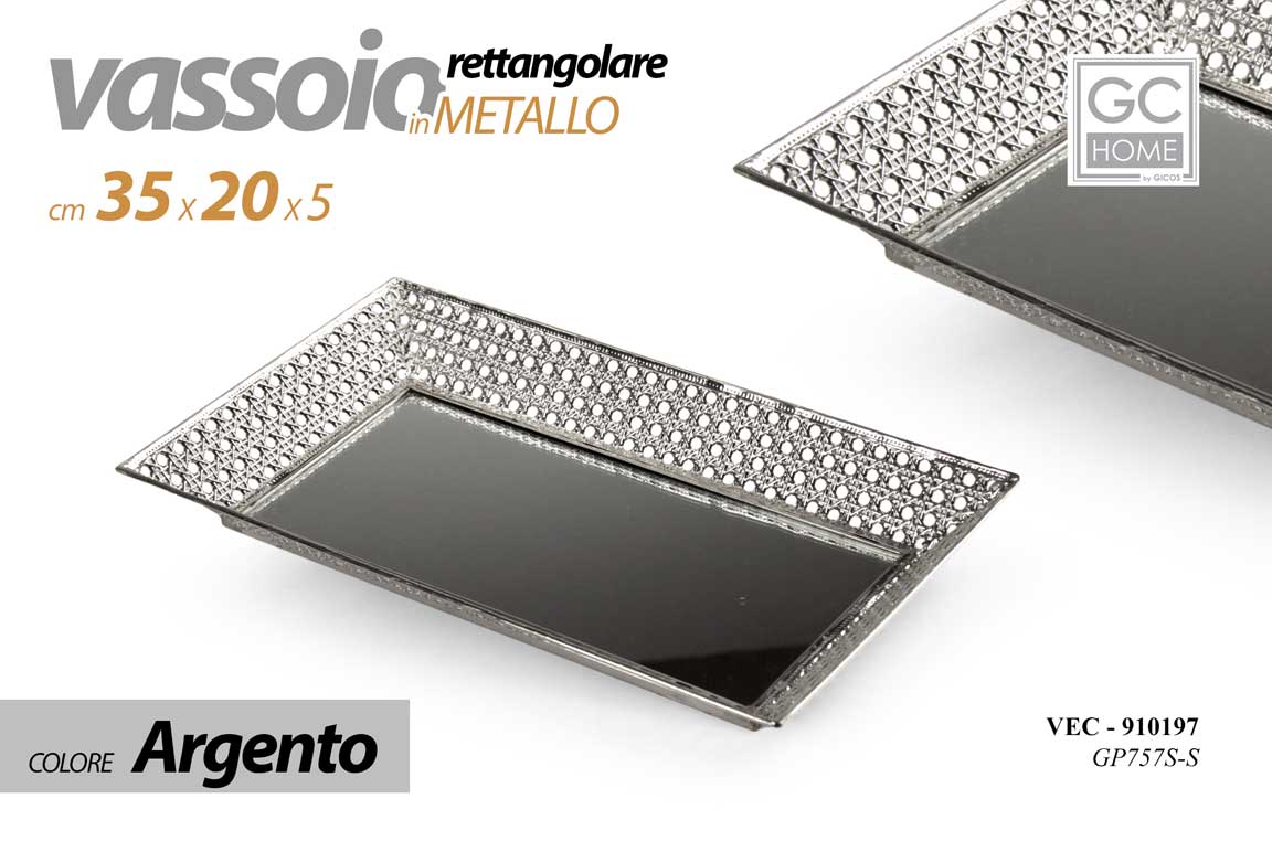 8025569910197 VASSOIO METALLO RETTANGOLARE DECOR FONDO SPECCHIO COLOR ARGENTO SILVER 32*20 cm - immagine 1